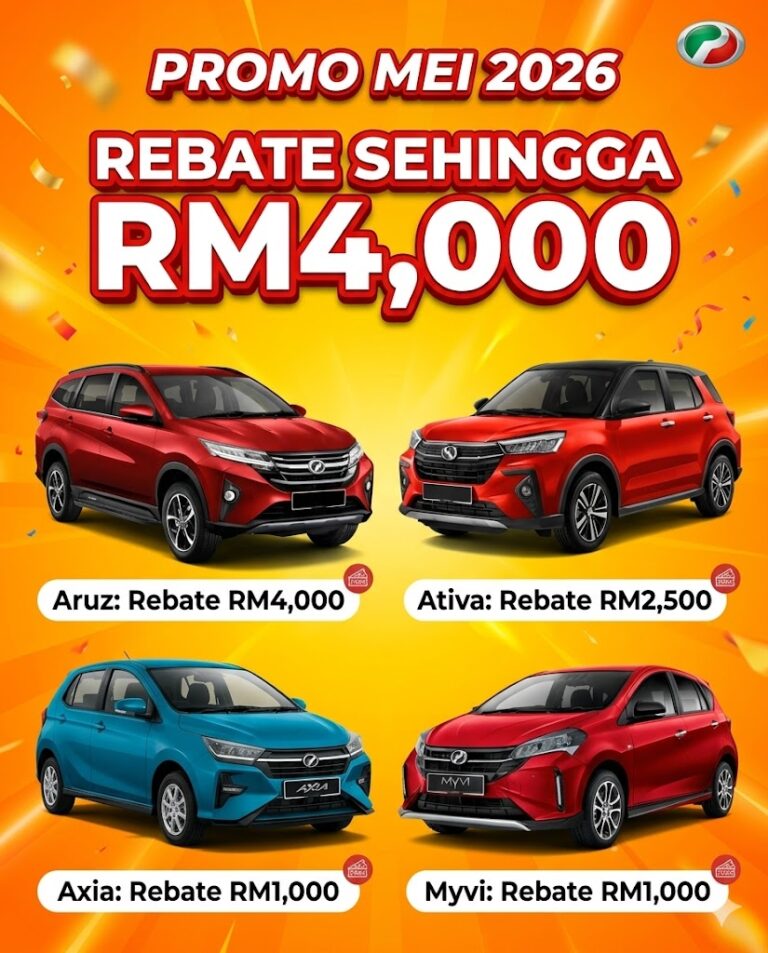 Tawaran Rebat Perodua Mei 2026: Jimat RM4,000 untuk Aruz dan RM2,500 untuk Ativa.